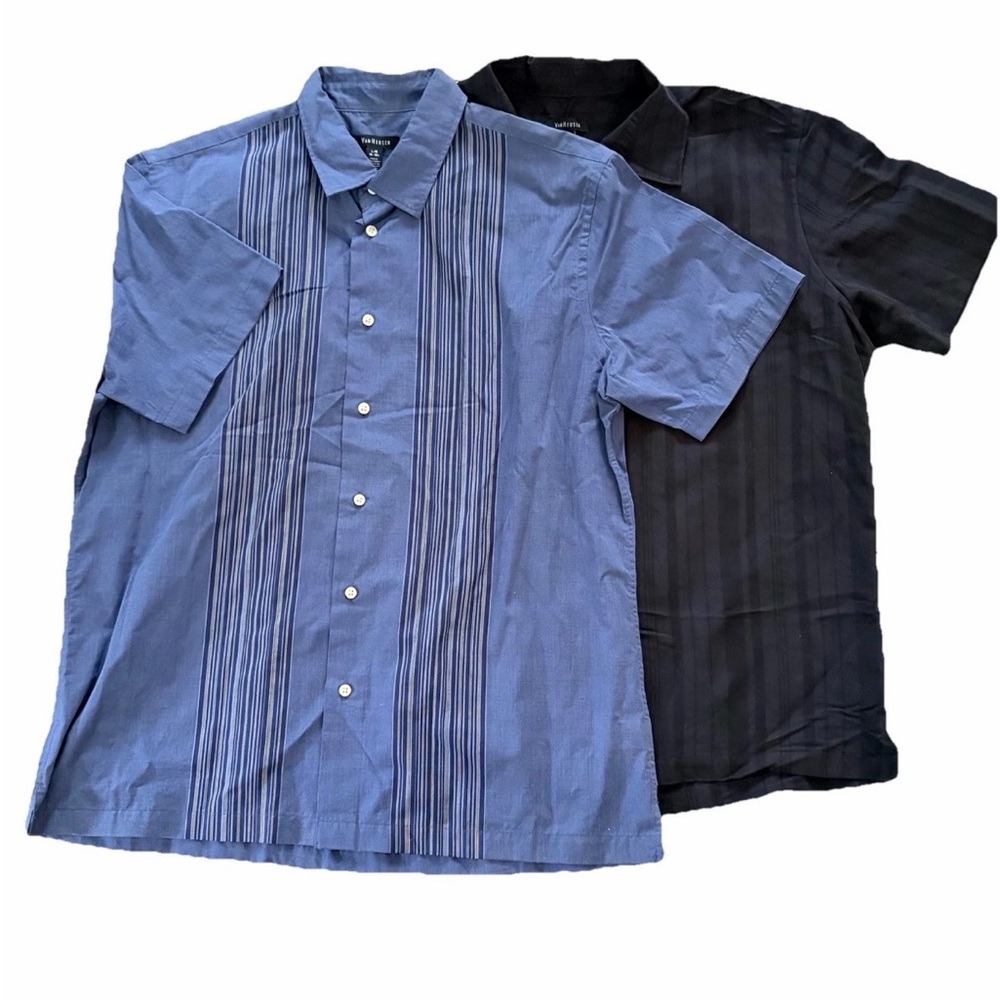 Van Heusen Shirt 2 Mens L Navy/Black Never Tuck Striped Fit Print‎ Short Sleeve